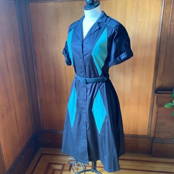 Tatyana Retro Belted Bowling Shirtwaist Dress in Black Turquoise Teal Harlequin - Picture 3 of 7